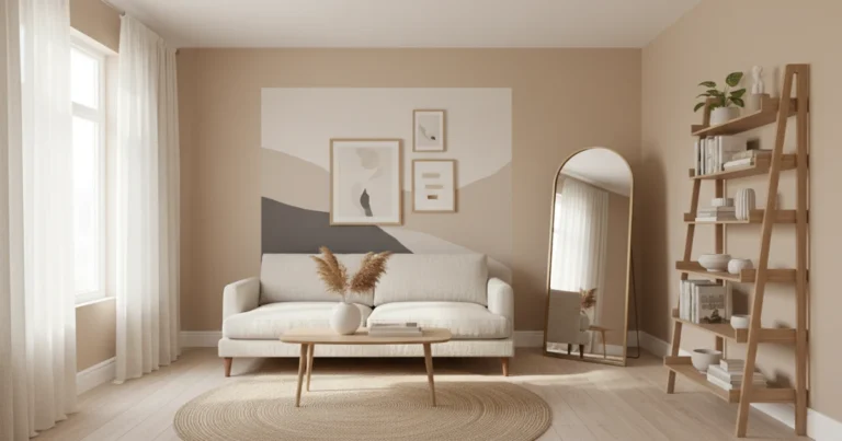 Small apartment living room decorated without drilling, featuring peel-and-stick wall art, removable hooks, a leaning full-length mirror, tension rod curtains, and floor-standing shelves in a bright, modern space.