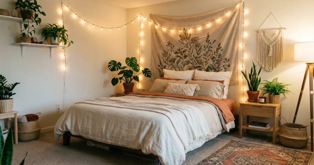 Renter-friendly no-damage wall decor ideas for apartments using adhesive hooks and removable wallpaper.