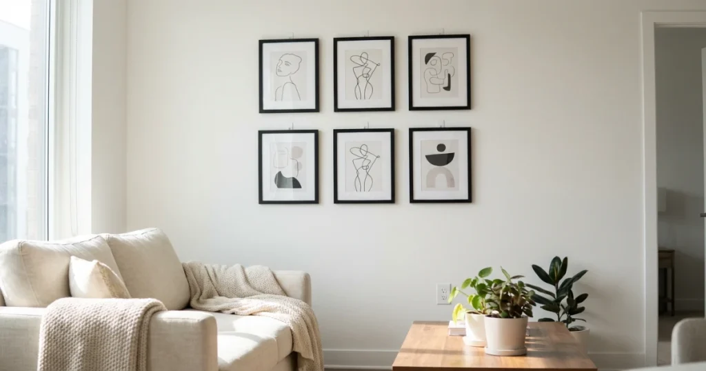 Renter-friendly no-damage wall decor ideas for apartments using adhesive hooks and removable wallpaper.