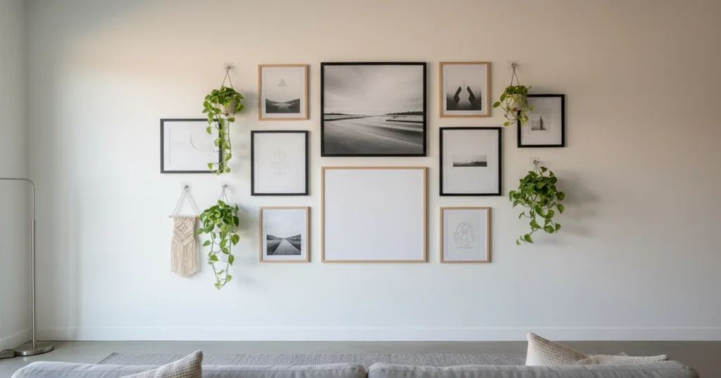 No-drill gallery wall in a small apartment using adhesive picture hanging strips and removable hooks to display framed art and plants without nails or holes.