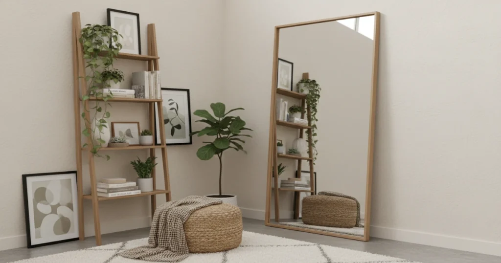 Small apartment corner with a full-length mirror leaning against the wall, ladder shelf with plants and books, and framed artwork styled without drilling or wall mounting.