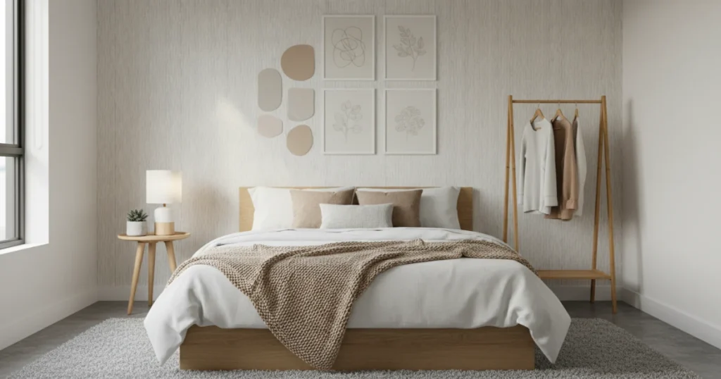 Small apartment bedroom with peel-and-stick wallpaper accent wall, removable wall decals, and framed art hung using adhesive strips, showing renter-friendly decor without wall damage.