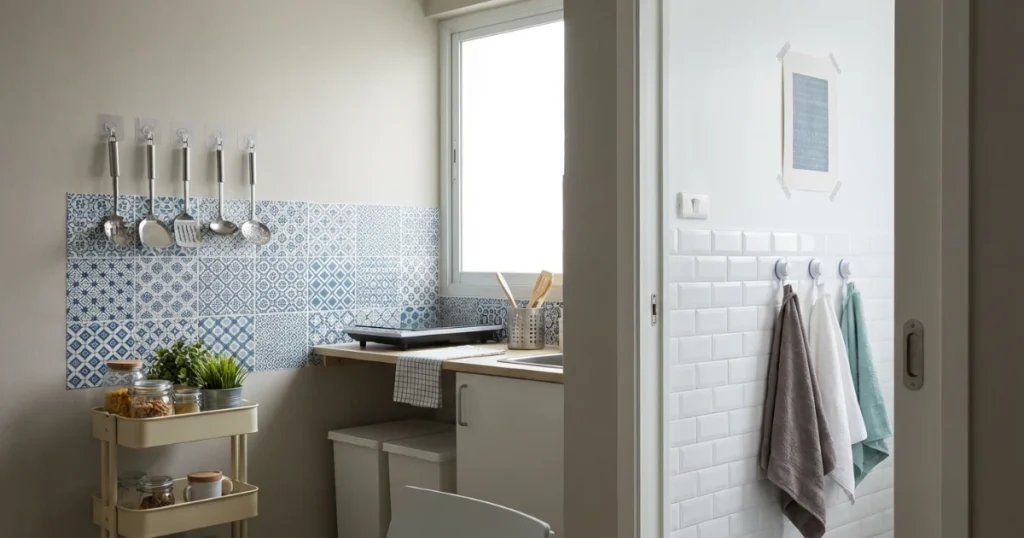 Renter-friendly no-damage wall decor ideas for apartments using adhesive hooks and removable wallpaper.