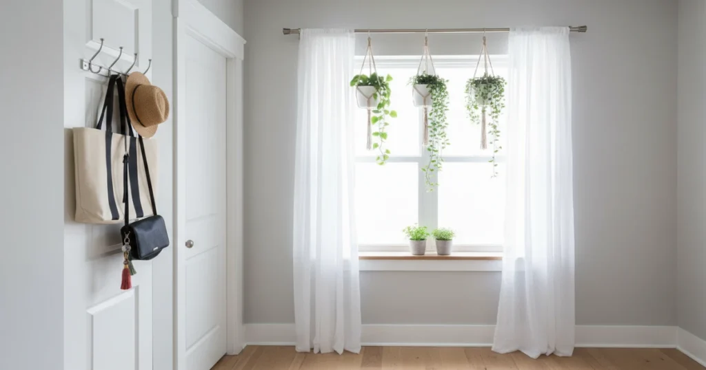 Apartment window and doorway with tension rod curtains, hanging plants, and over-the-door hooks used for storage, demonstrating no-drill decorating solutions for renters.