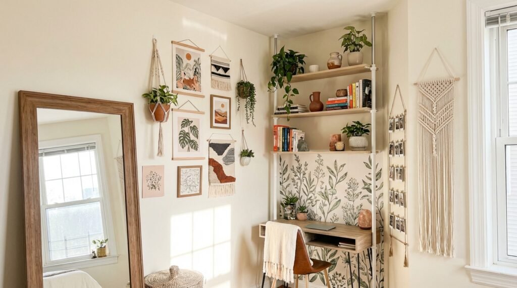 Renter-friendly no-damage wall decor ideas for apartments using adhesive hooks and removable wallpaper.