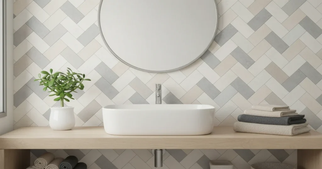 “Waterproof peel and stick decor used in a small bathroom vanity area”