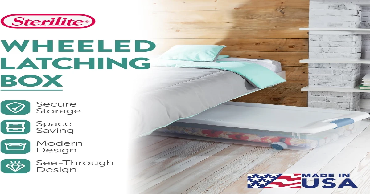 Sterilite 56 Qt wheeled underbed storage box with latching lid for small bedroom organization