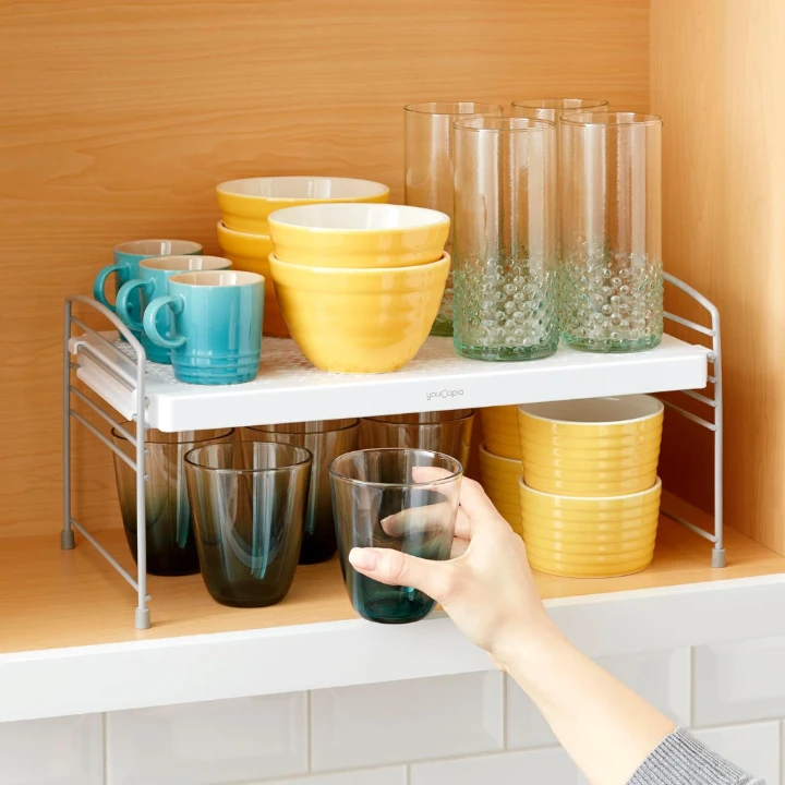 YouCopia UpSpace adjustable shelf riser for tiny kitchen cabinet organization