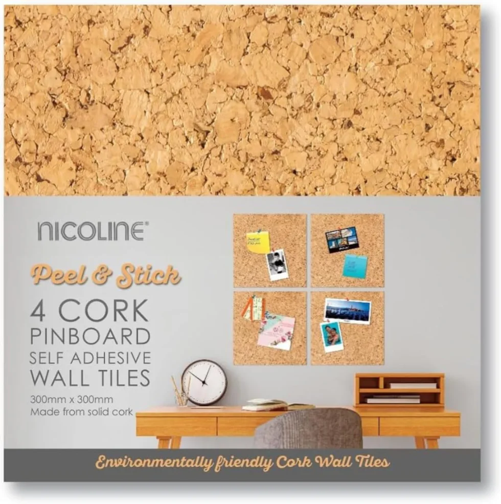 Self-adhesive cork tile pack for renter-safe pinning