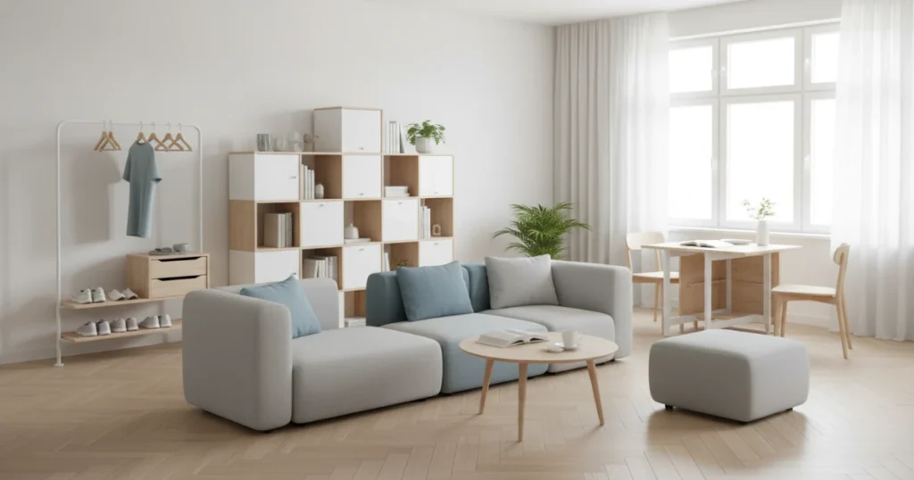 Modern renter-friendly modular furniture in a small urban apartment