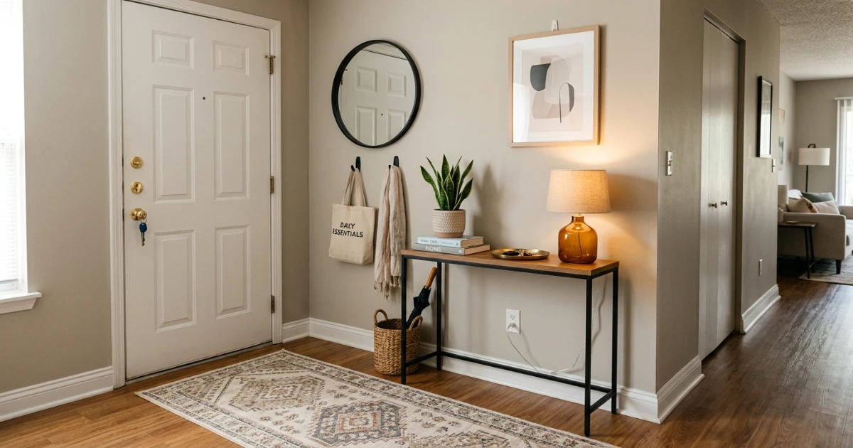 adhesive wall organizer for keys and mail in apartment entryway without drilling