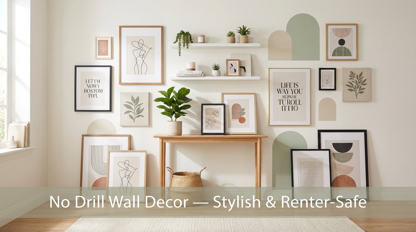 Renter apartment wall decorated with no-nail adhesive art, removable shelves, and spring botanical prints