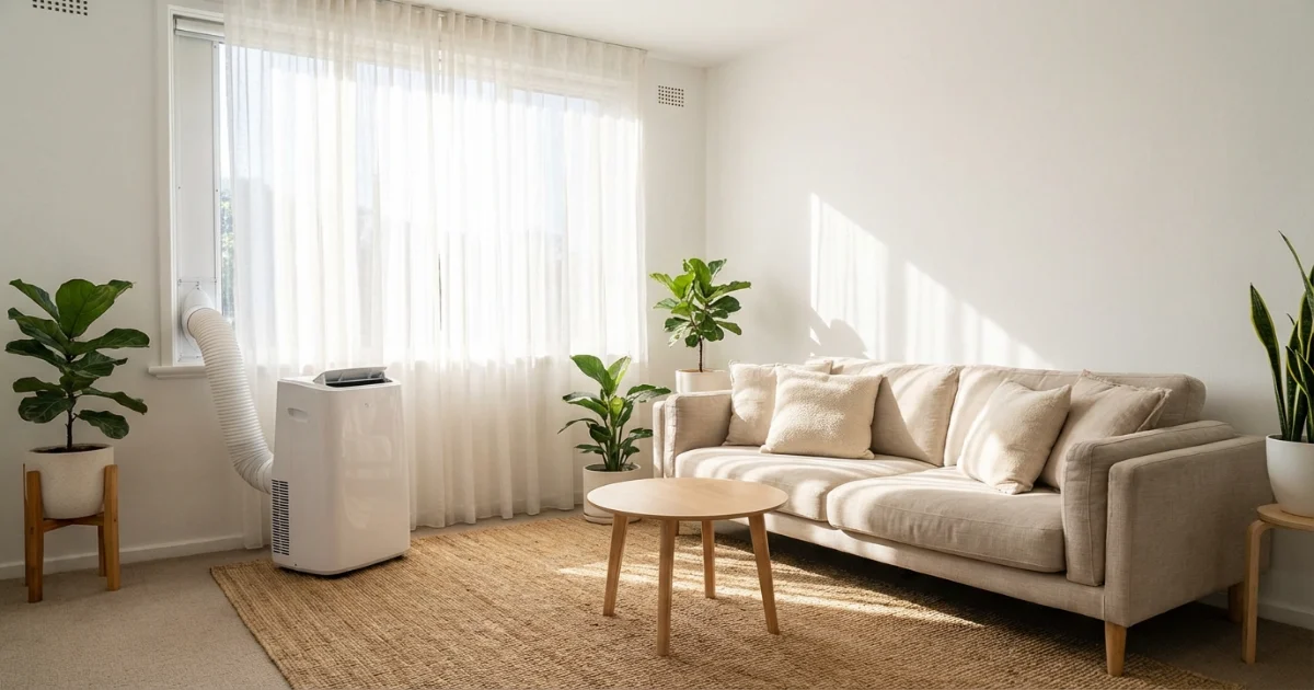 portable air conditioner in a small apartment living room with summer light and minimalist decor