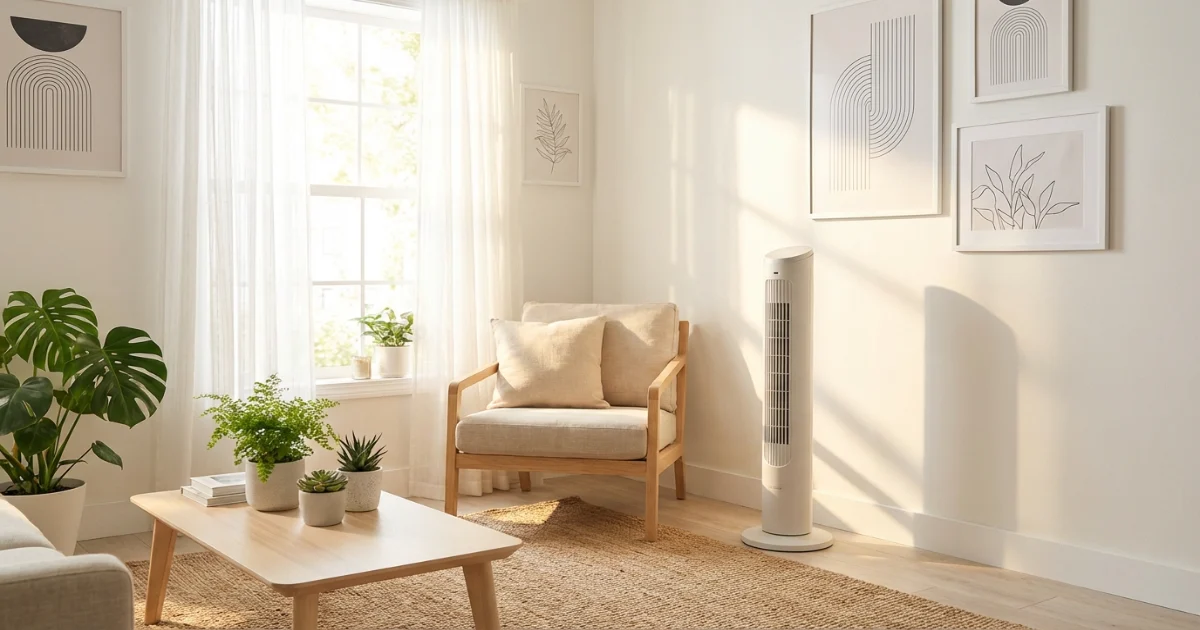 stylish small apartment with portable tower fan and light summer decor featuring peel and stick art and plants