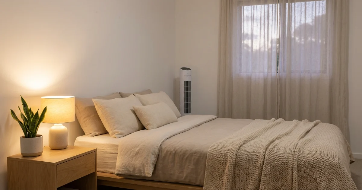 slim tower fan in a renter-friendly bedroom with soft neutral decor and warm lighting