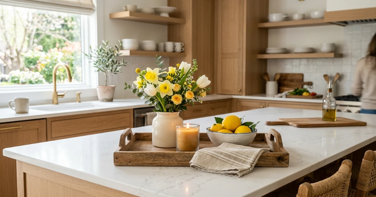 ceramic spring vases on kitchen counter