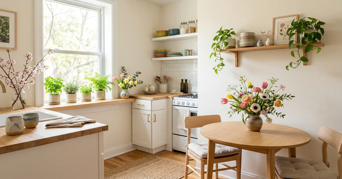 spring decorative tray with flowers and candles