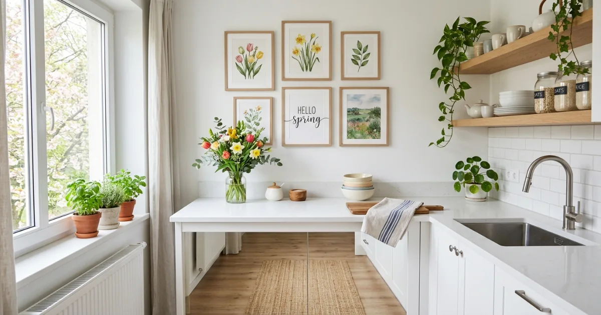small apartment kitchen styled with spring decorations