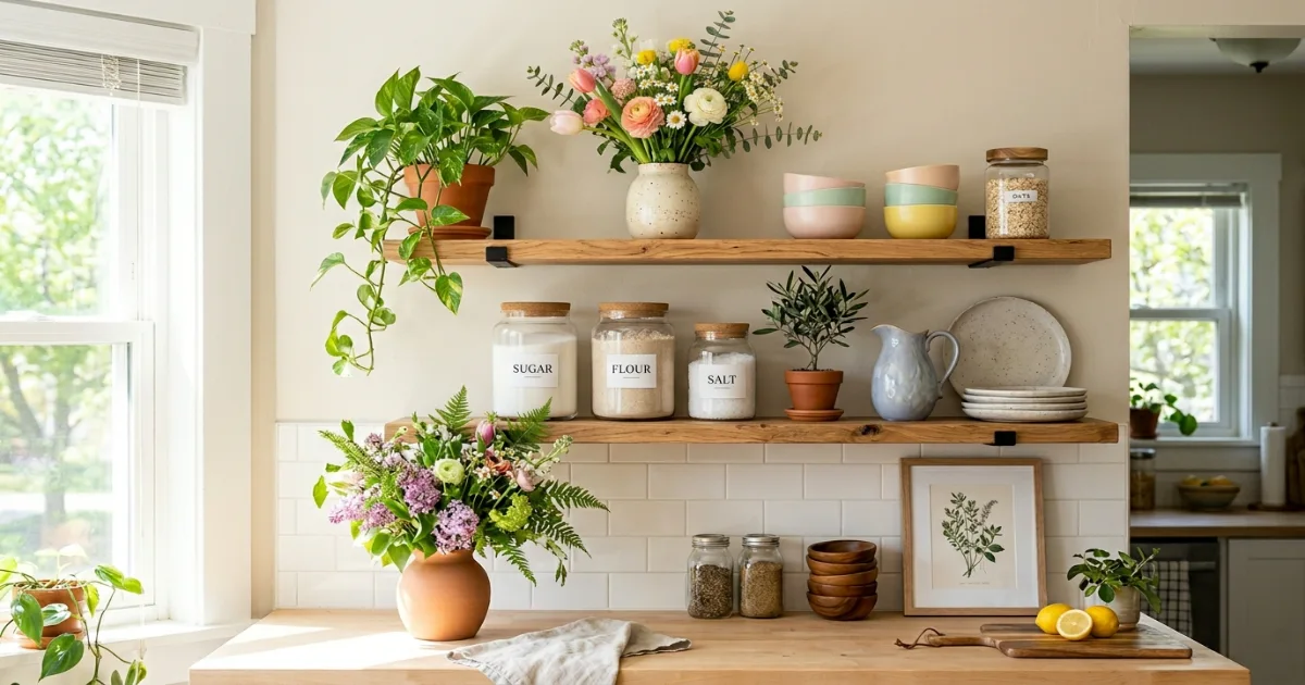 spring wall decor in renter friendly kitchen