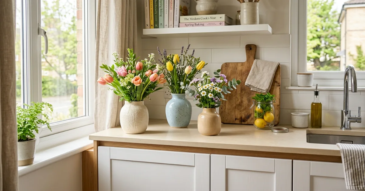 spring kitchen decor with ceramic vases and flowers
