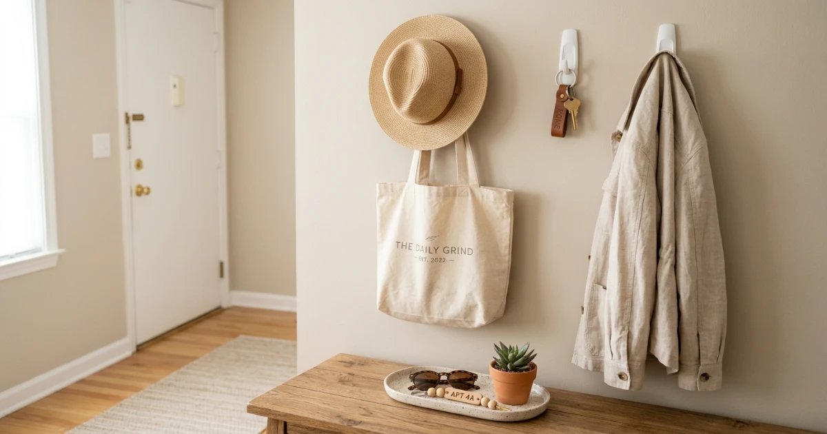 stylish apartment entryway decor without drilling using leaning mirror slim console table rug and removable hooks in a renter friendly apartment