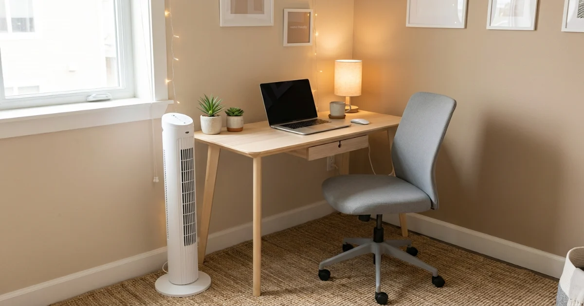 compact home office apartment corner with tower fan and renter-friendly minimalist setup
