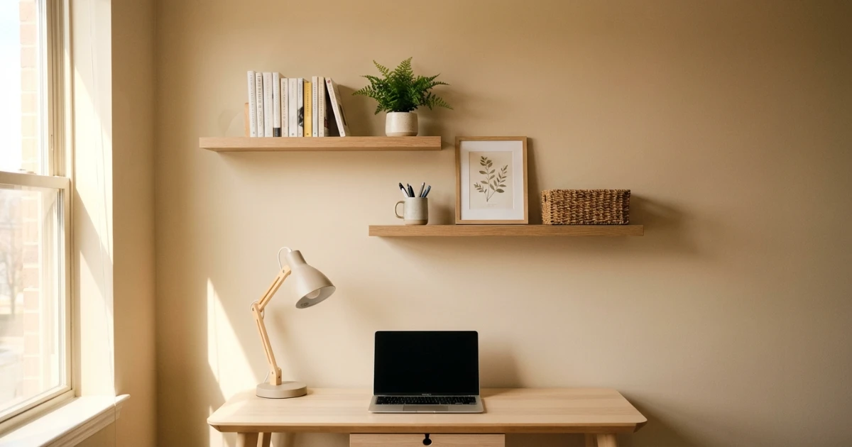 renter friendly home office setup with ladder desk and adhesive shelves in a bright apartment corner