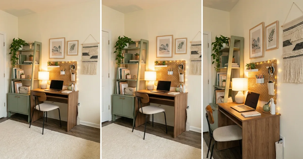 renter friendly home office setup with ladder desk and adhesive shelves in a bright apartment corner