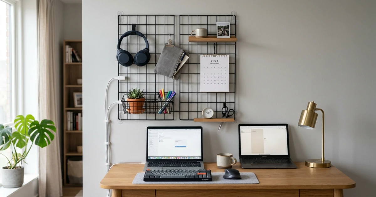renter friendly home office setup with ladder desk and adhesive shelves in a bright apartment corner