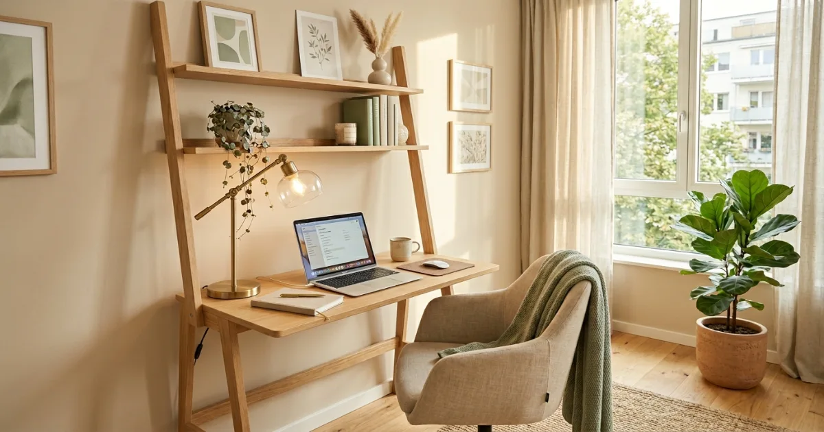 renter friendly home office setup with ladder desk and adhesive shelves in a bright apartment corner