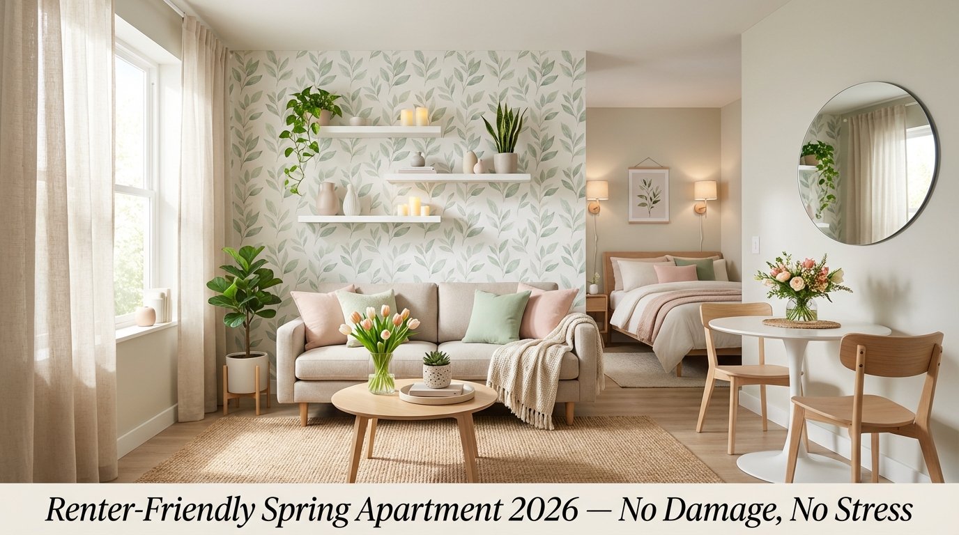 Bright renter-friendly small apartment decorated for spring with plants, removable wallpaper, and natural light