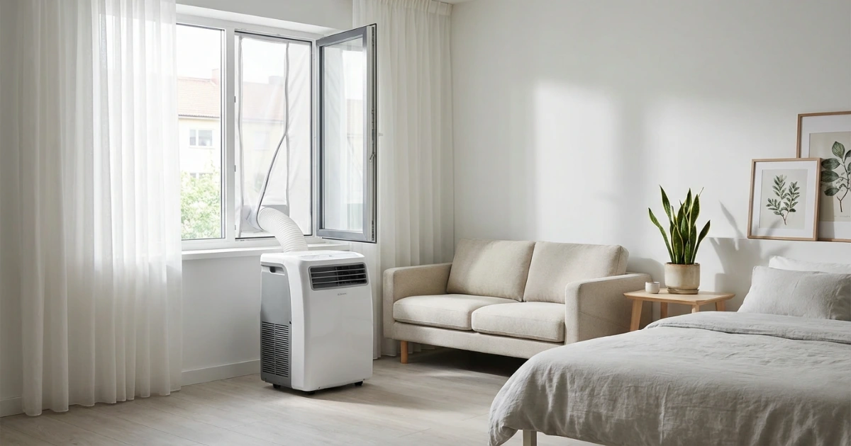 vented portable air conditioner near apartment window in studio setup with clean modern renter-friendly interior
