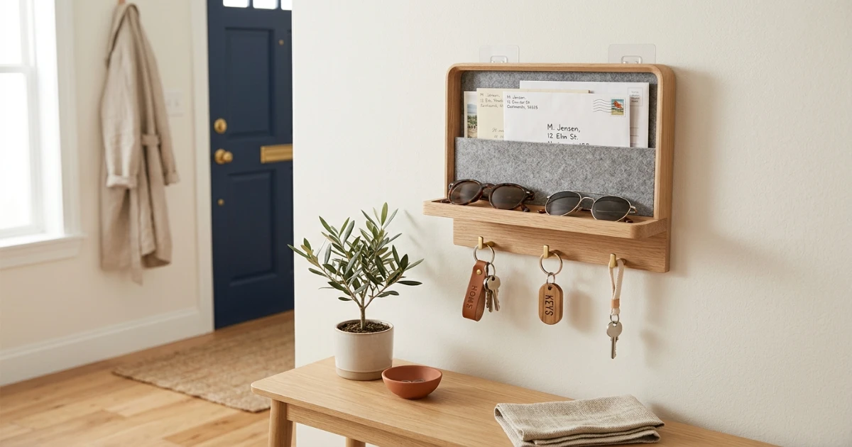 slim console table entryway decor in small apartment with renter friendly styling and storage