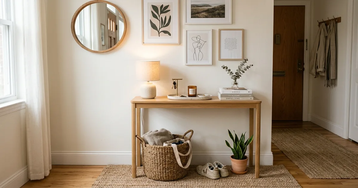 peel and stick floating shelf in apartment entryway holding keys mail candle and plant without drilling