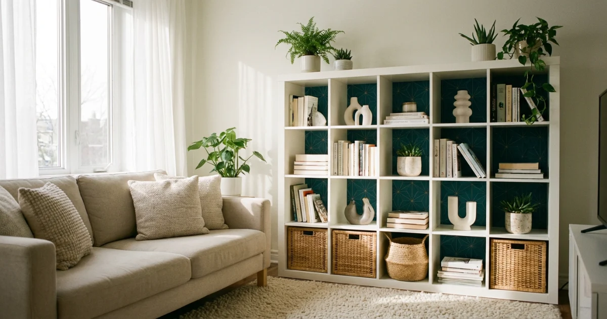 White KALLAX bookcase with deep teal geometric removable wallpaper on the back panel, styled with books and plants in a small apartment living room