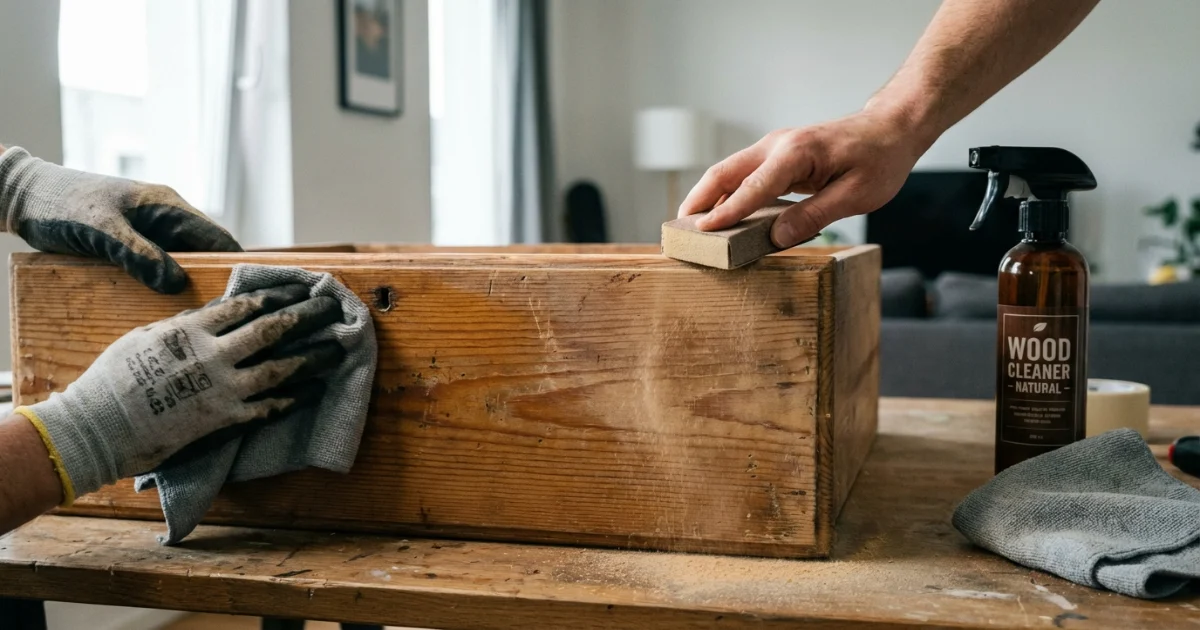 Close-up of a thrifted wooden drawer front being cleaned and lightly sanded before applying removable wallpaper, showing surface preparation process
