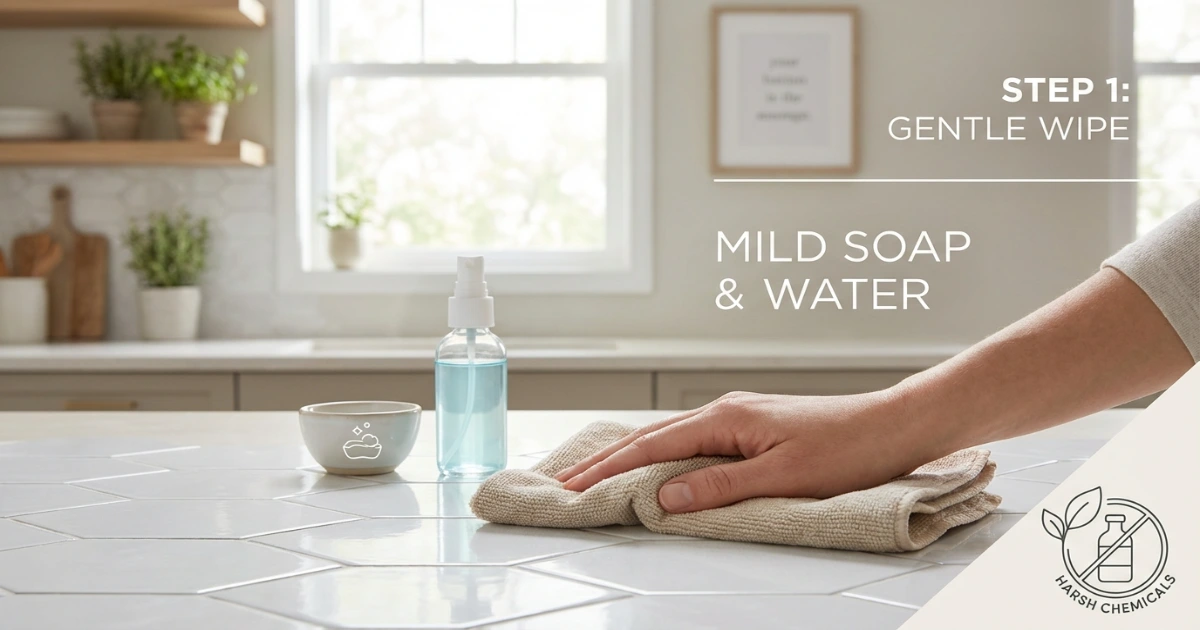 Wiping peel-and-stick backsplash tiles in a renter kitchen with a microfiber cloth and mild soap solution