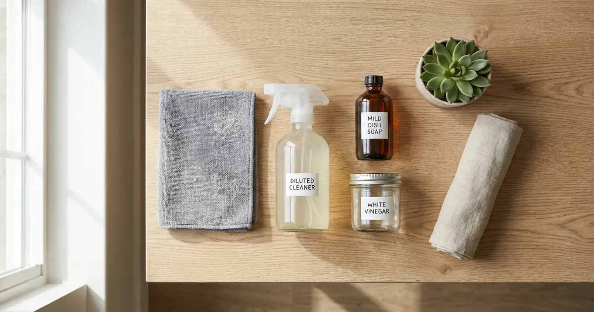 Renter-safe cleaning toolkit flat lay showing microfiber cloth, white vinegar, mild dish soap, and spray bottle for peel-and-stick care