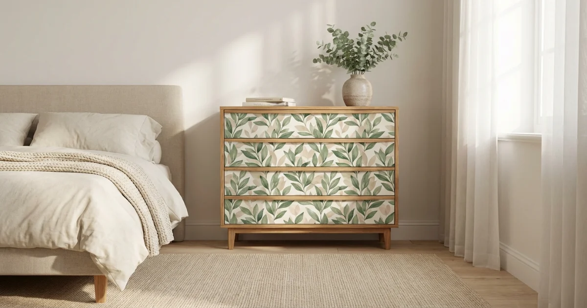 Upcycled thrift store dresser with botanical removable wallpaper applied to drawer fronts, styled in a bright apartment bedroom