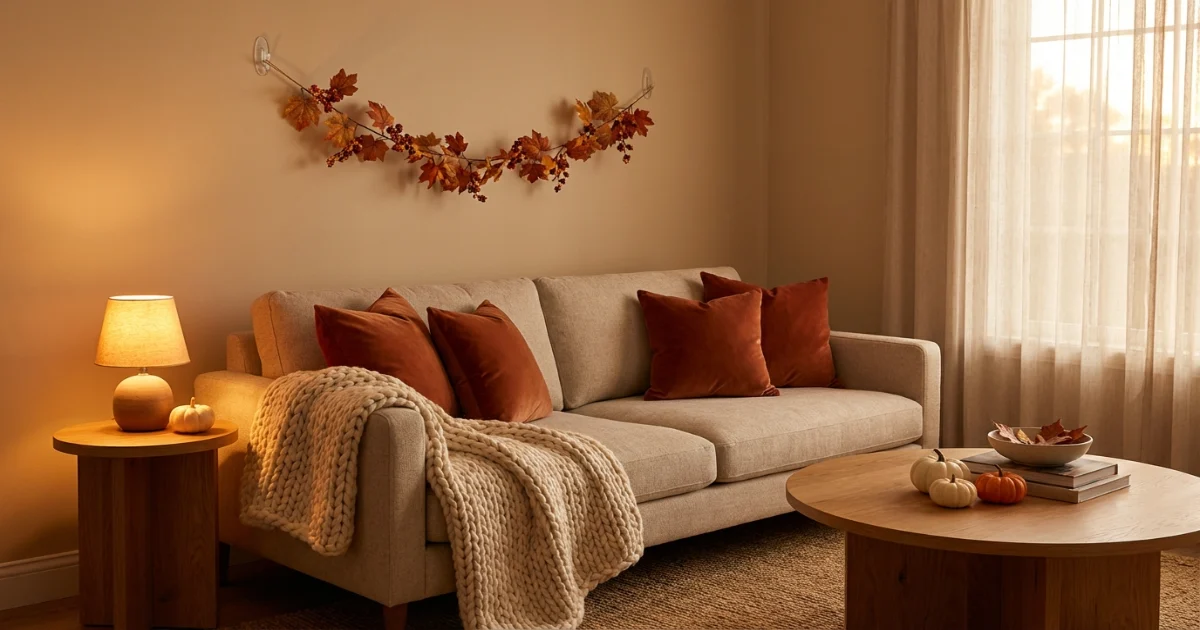Fall apartment décor update with velvet rust pillows, chunky knit throw blanket, warm amber lighting, and faux foliage on a no-damage wall hook