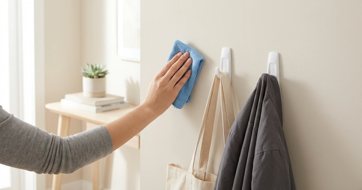 Adhesive wall hooks in a clean entryway showing proper maintenance with a light wipe-down routine