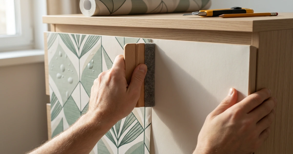 Hands smoothing peel-and-stick botanical wallpaper onto a white IKEA dresser drawer front with a plastic squeegee tool
