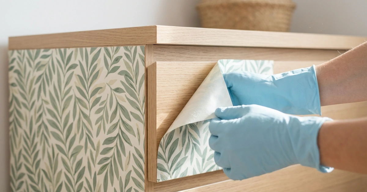 Hands slowly peeling removable botanical wallpaper from a wooden dresser drawer front at a shallow angle, demonstrating safe removal technique