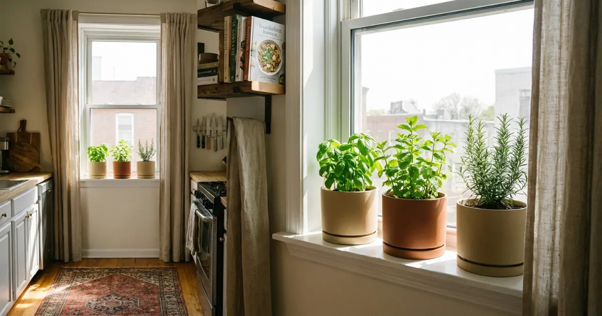 kitchen windowsill herb planters in a renter friendly apartment kitchen