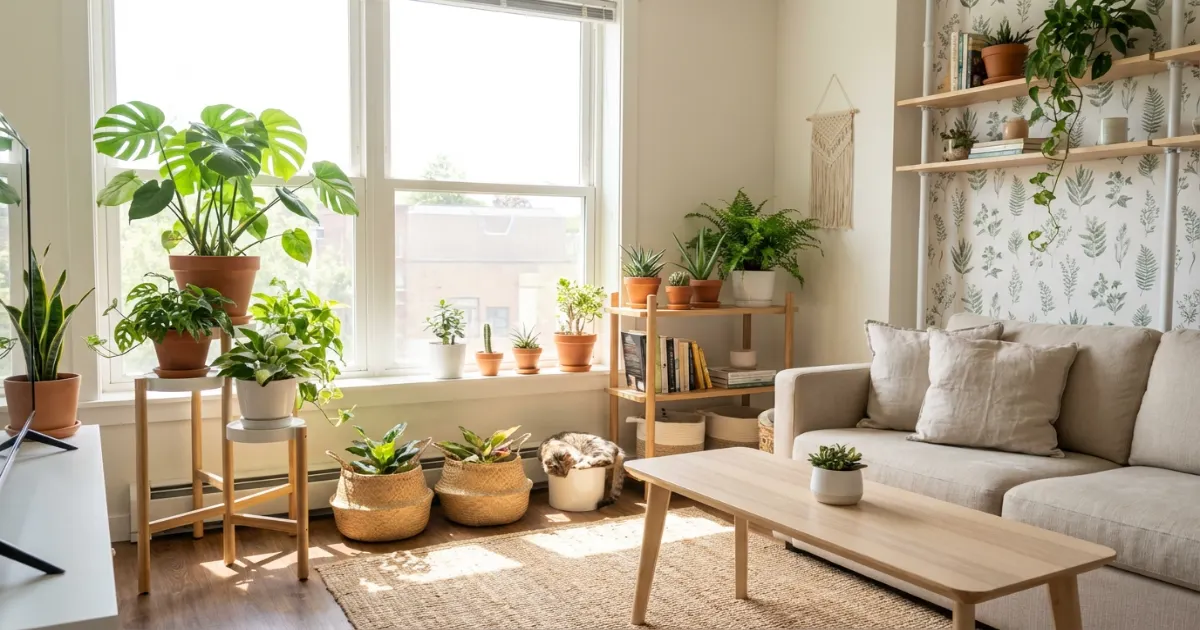 studio apartment decorated with indoor plants and renter friendly planters