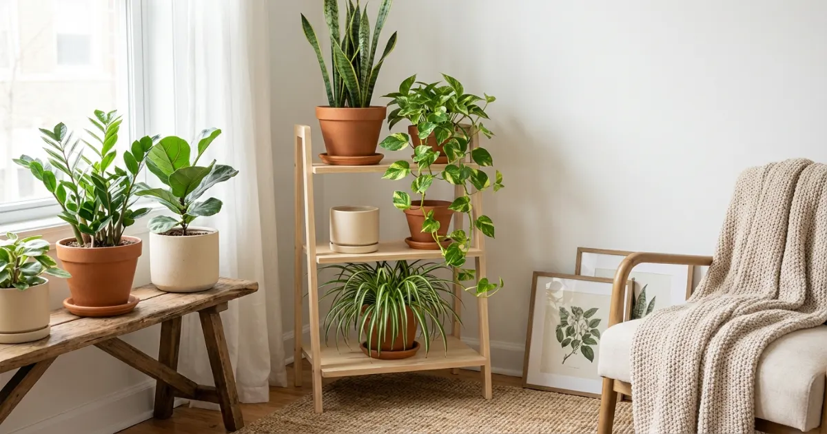 small apartment corner styled with indoor plants and modern planters for renter friendly decor