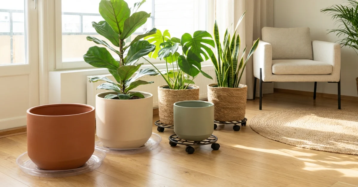 floor safe indoor plant planters with trays protecting apartment flooring