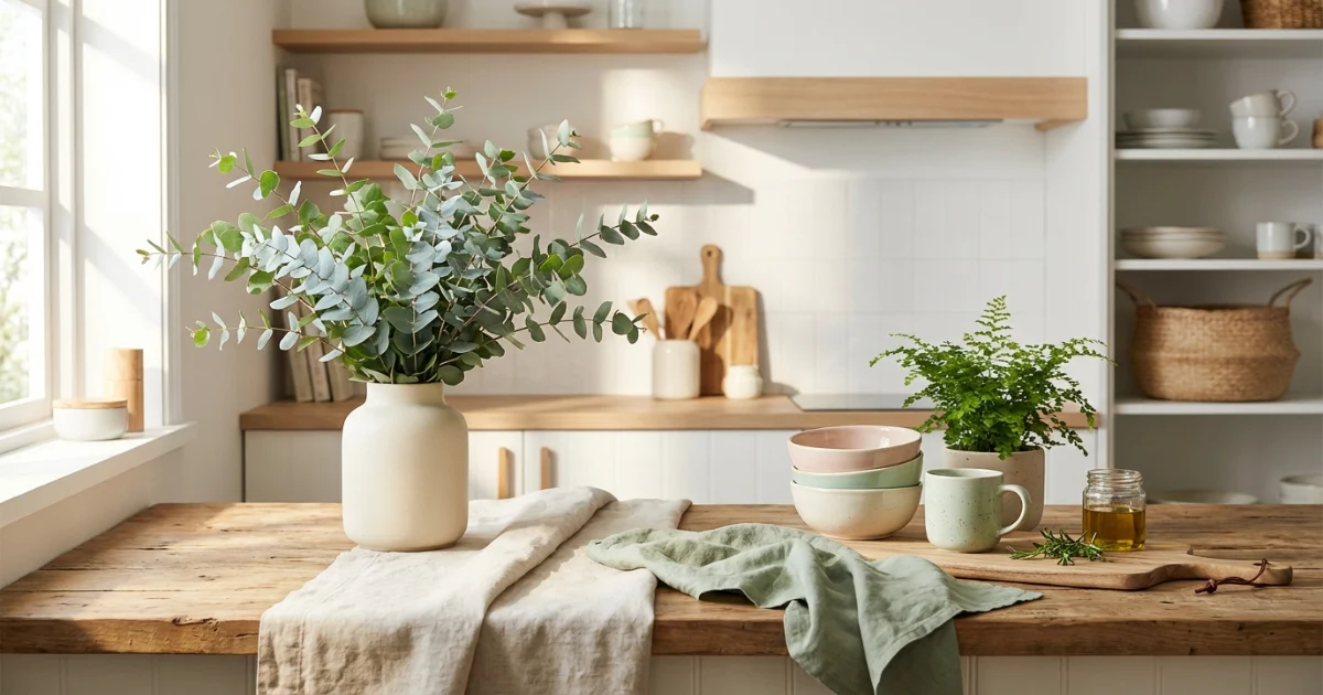 Spring décor vignette with light linen textiles, fresh eucalyptus in a ceramic vase, and bright kitchen accents on a wooden countertop
