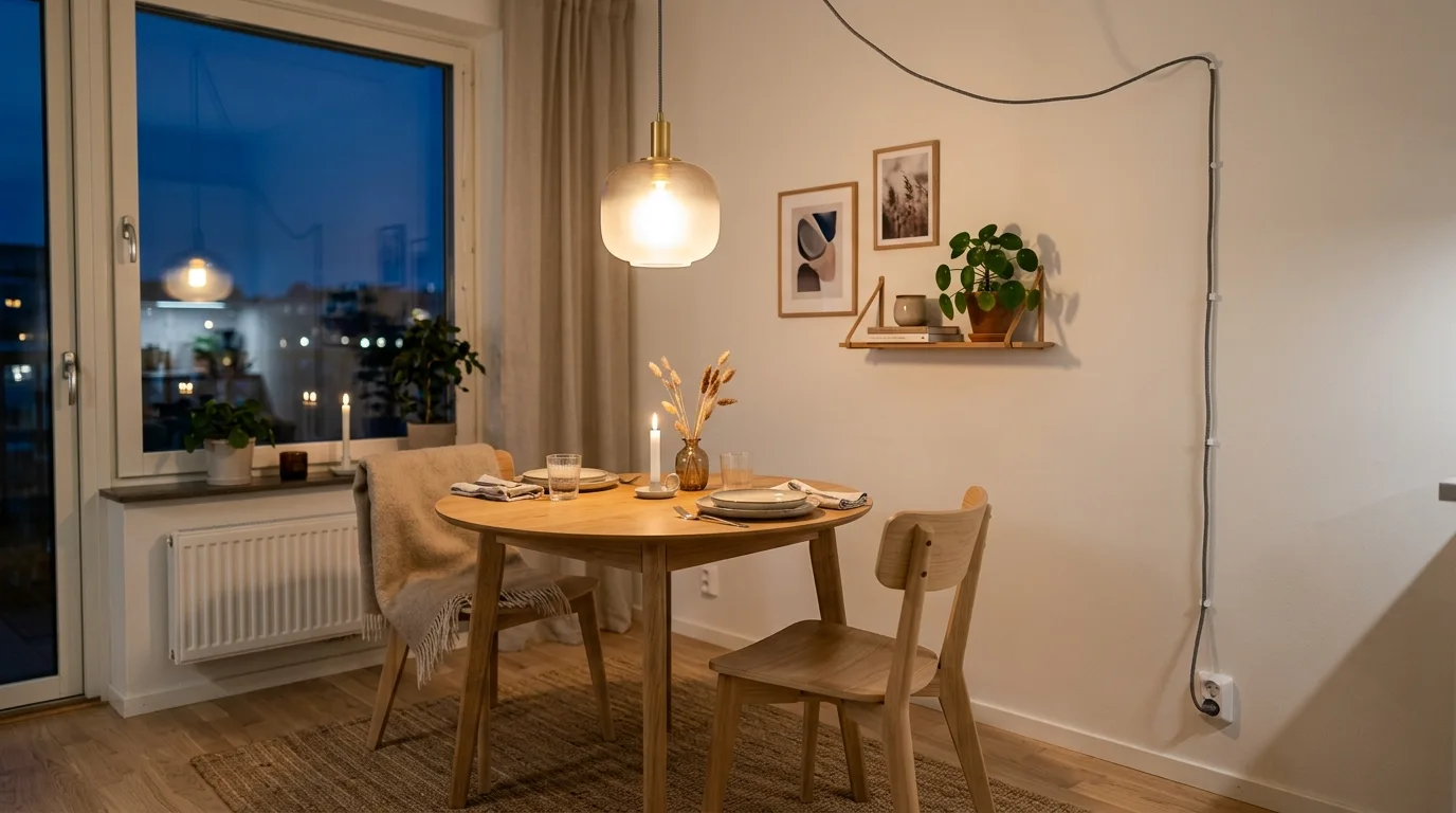Plug-in pendant light hanging in a small apartment living room