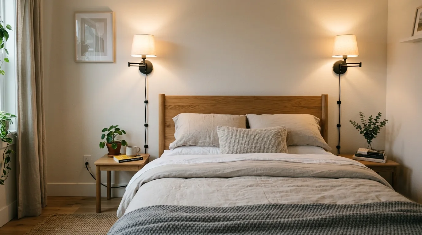 Plug-in wall sconces used in a renter friendly bedroom